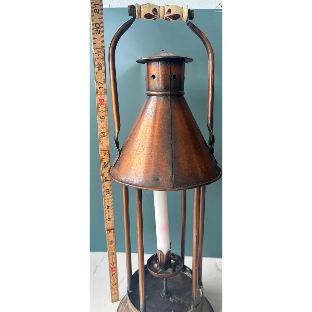 Vintage Copper Candle Lantern Rustic Farmhouse Decor Floral Ceramic Handle